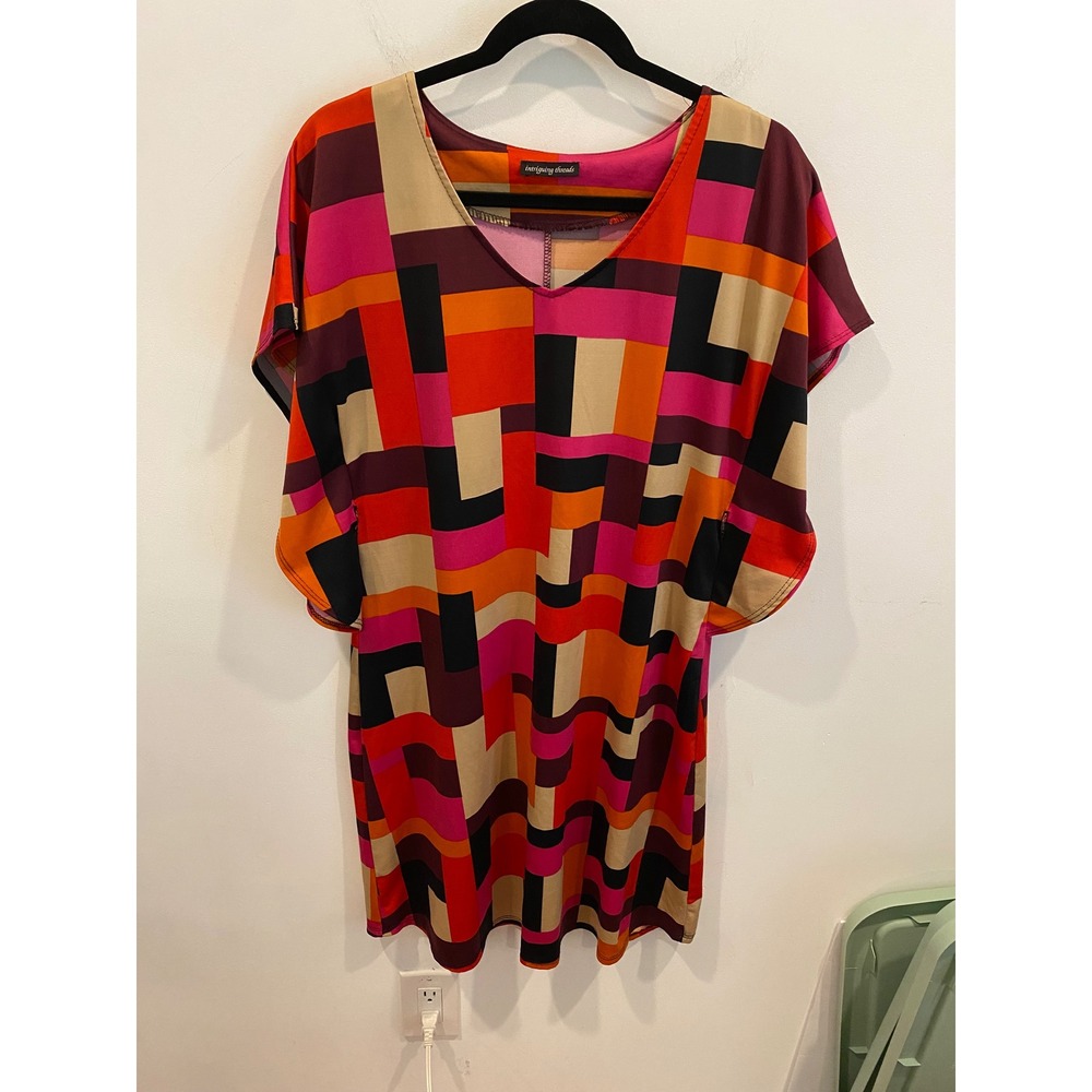 Intriguing‎ Threads Geometric Colorblock V-Neck Shift Dress Multicolor Womens